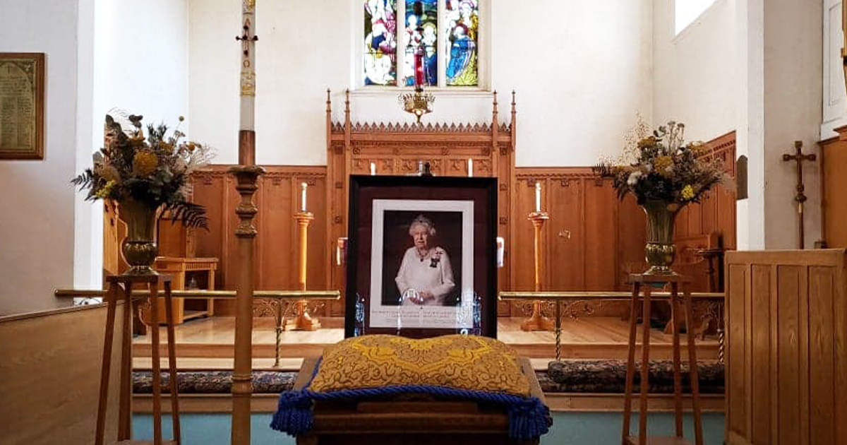 A book of condolences set out with a picture of the Queen at Saint George’s Anglican church in Lennoxville